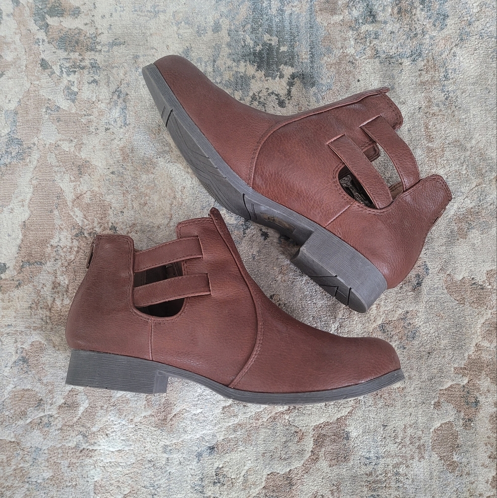 Brown Faux Leather Ankle Boots or Booties with Cutouts and Buckles.
